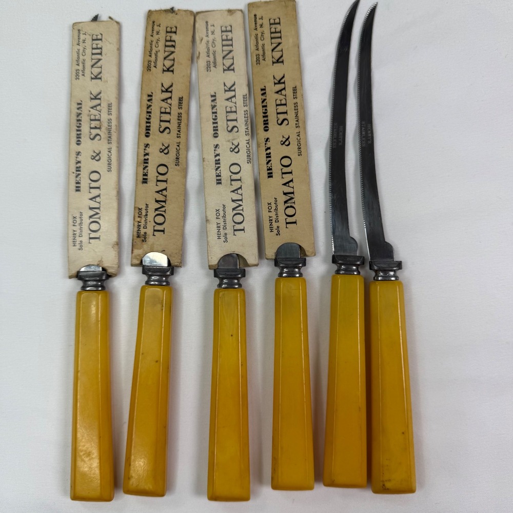 Vintage Henrys Original Tomato Steak Knives Set 6  Bakelite Handle Stainless